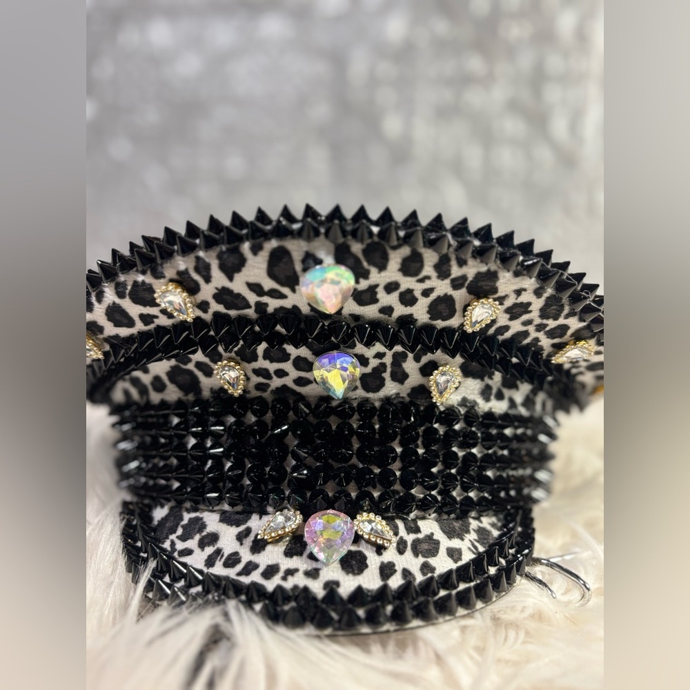 Dolls kill cheetah rave festival captains hat bling spikes rhinestones biker